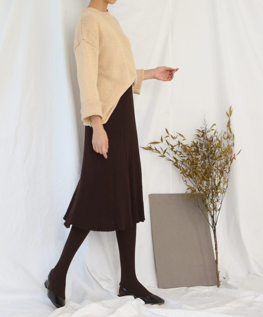 Wrinkled knit wool flared skirt 4COLOR Women Bendi