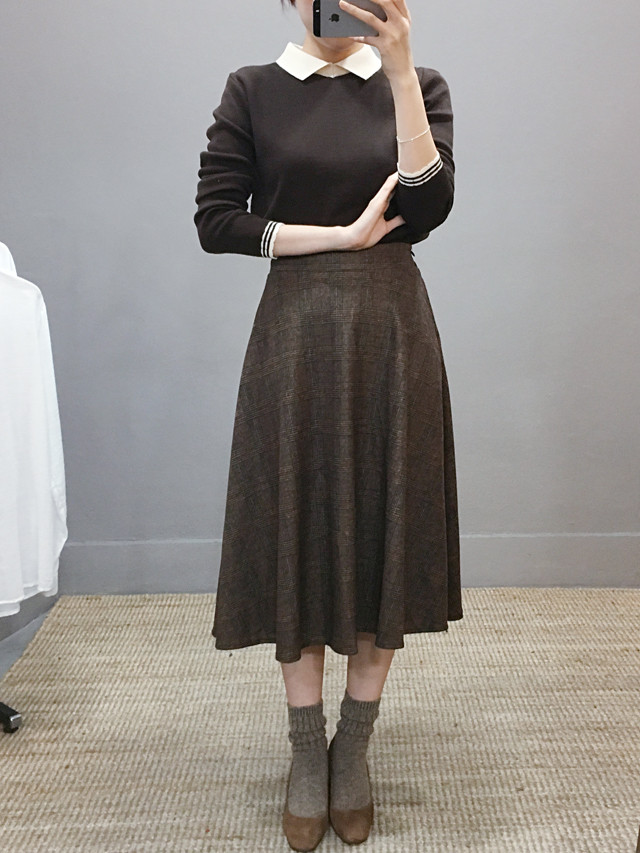 Wool flare check long skirt Autumn 20 women's c