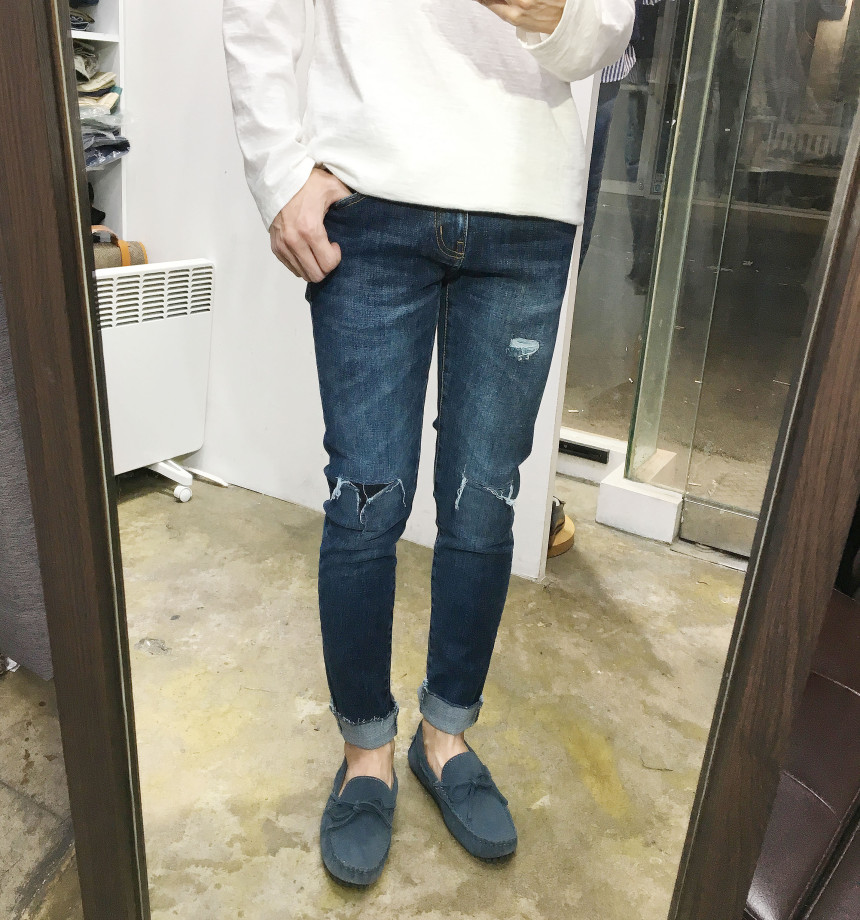 Korea Jeans Pants Span Damage Modem Crop Jeans Man
