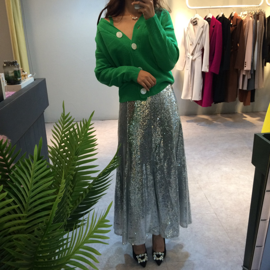 Spangled Long Skirt Mermaid Silver Metal Party Gli