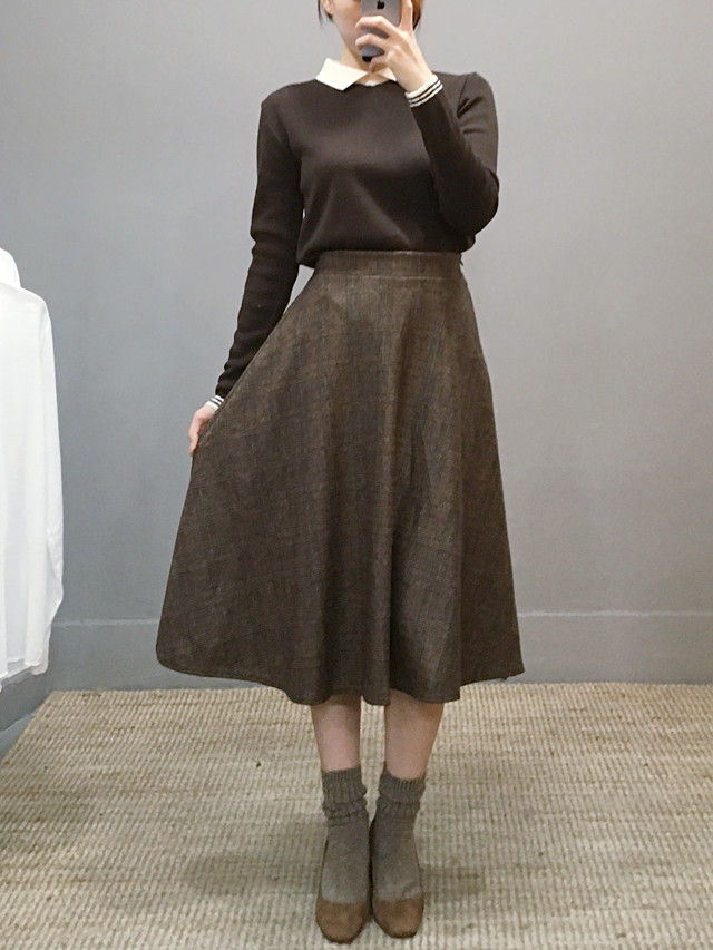 Wool flare check long skirt Autumn 20 women's c