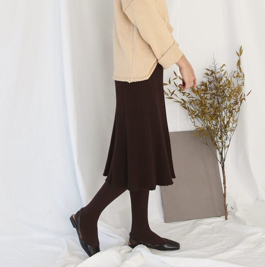 Wrinkled knit wool flared skirt 4COLOR Women Bendi