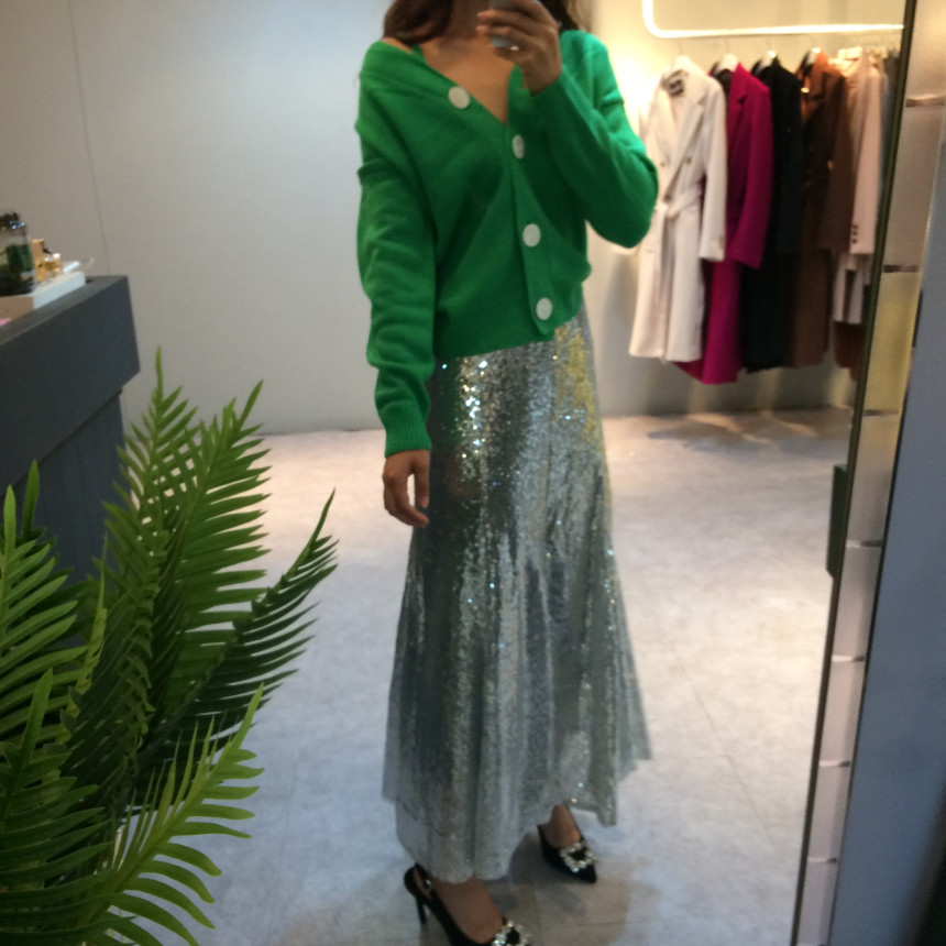 Spangled Long Skirt Mermaid Silver Metal Party Gli