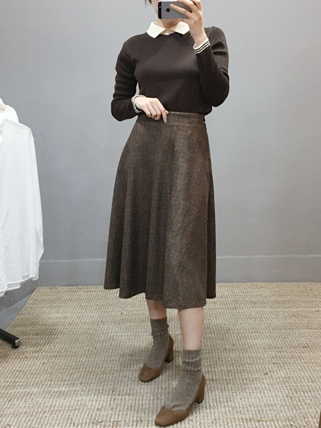 Wool flare check long skirt Autumn 20 women's c
