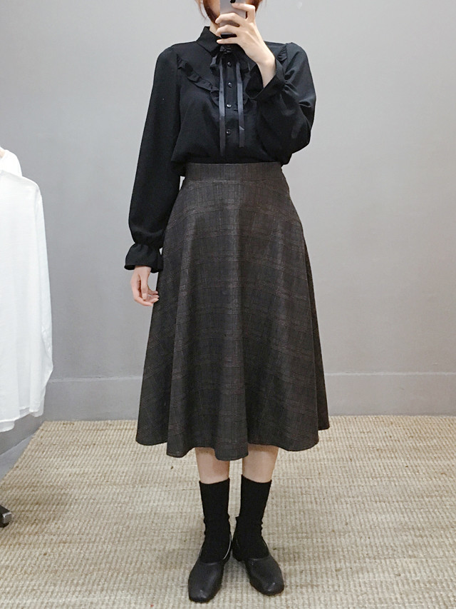 Wool flare check long skirt Autumn 20 women's c