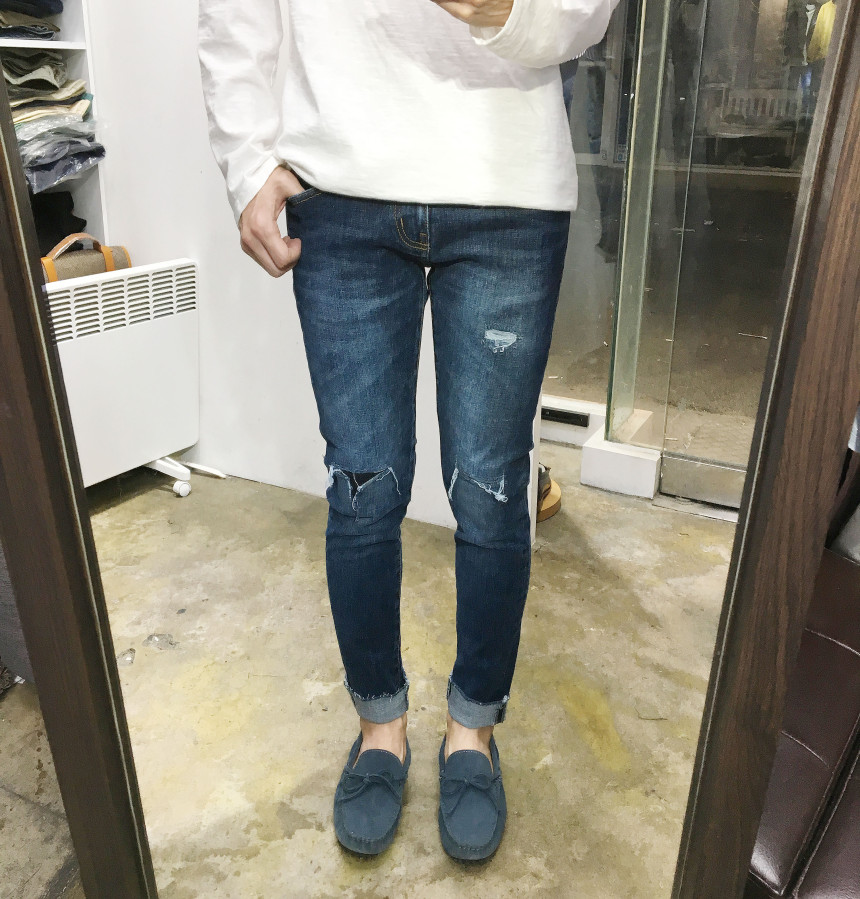 Korea Jeans Pants Span Damage Modem Crop Jeans Man
