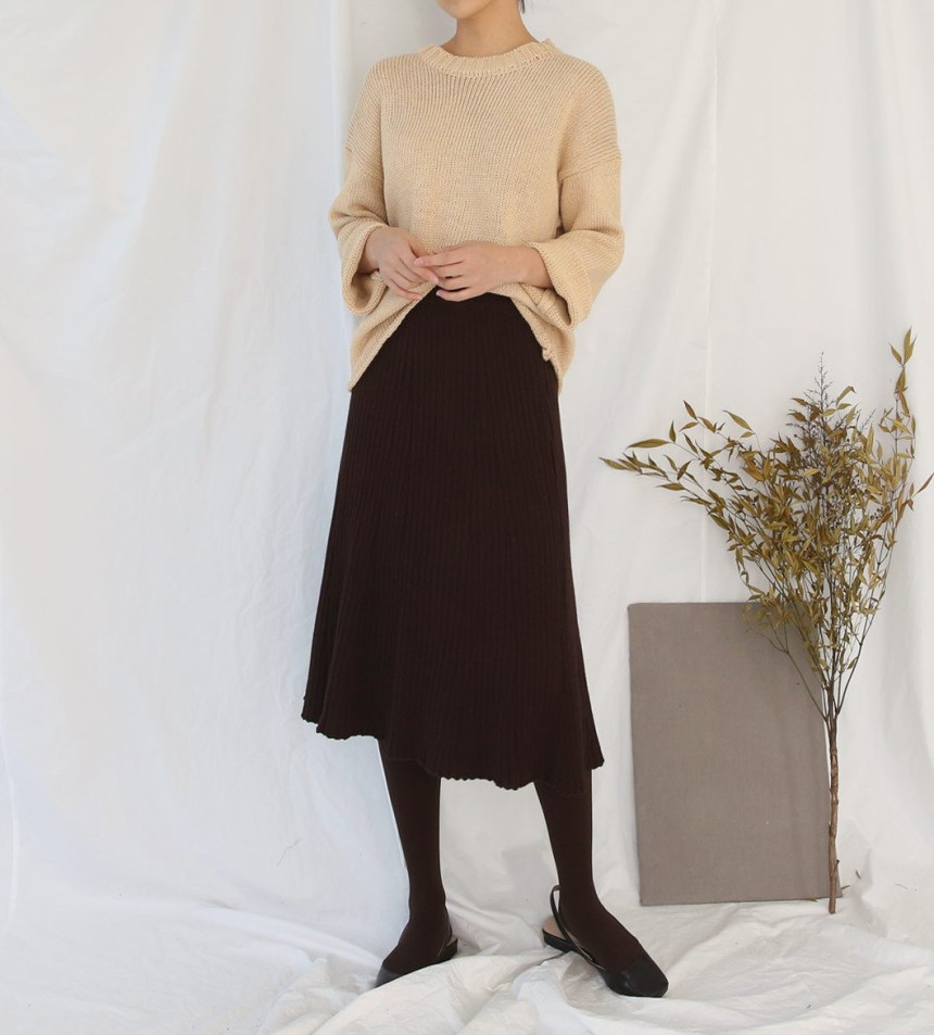 Wrinkled knit wool flared skirt 4COLOR Women Bendi