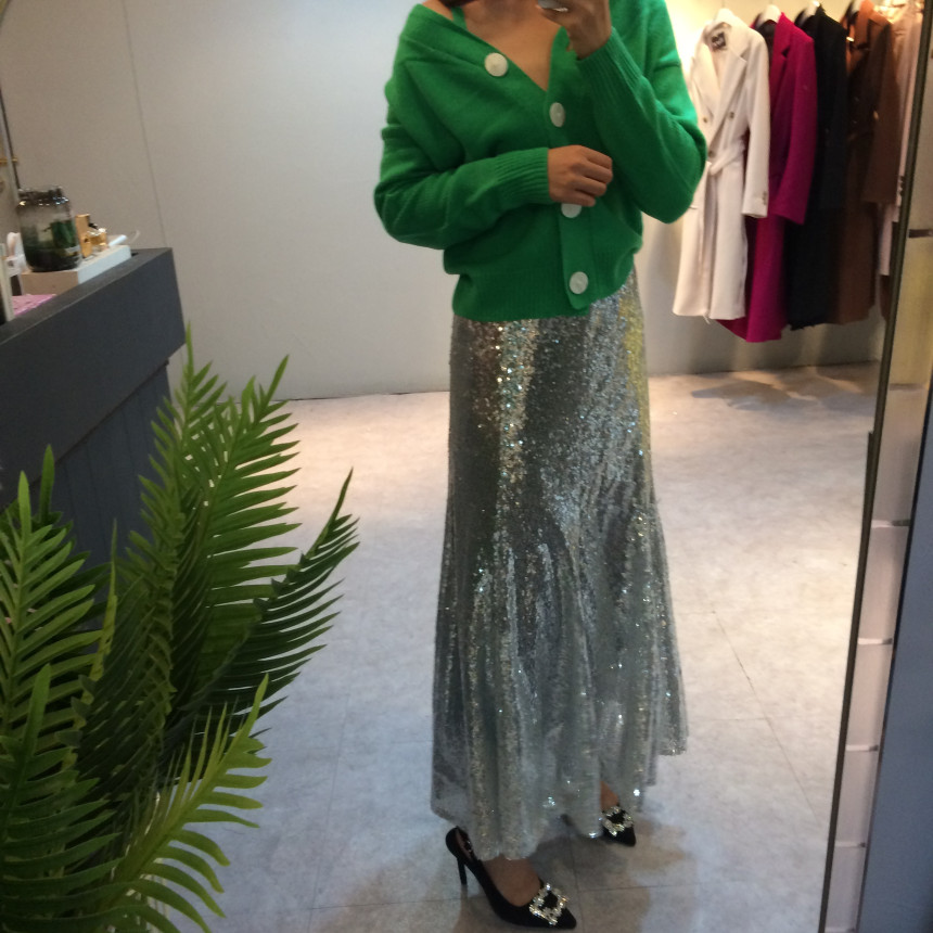 Spangled Long Skirt Mermaid Silver Metal Party Gli