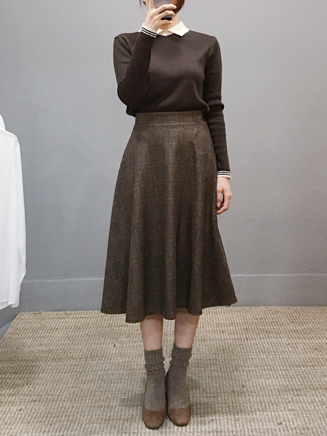 Wool flare check long skirt Autumn 20 women's c