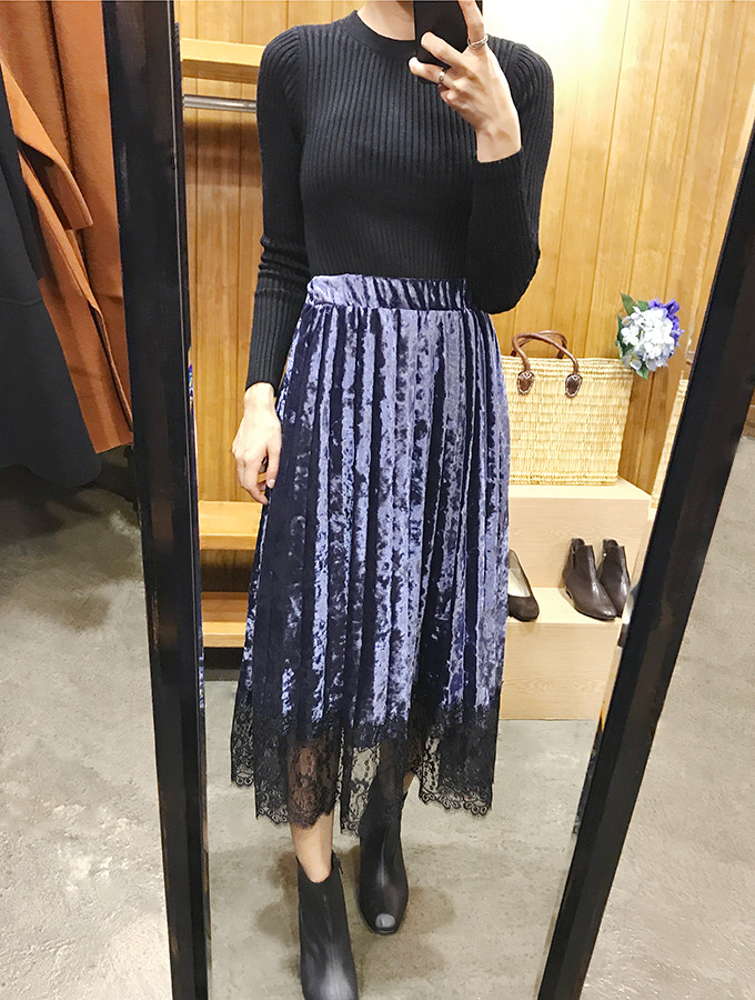 Velvet Pleated Lace Long Skirt Fall