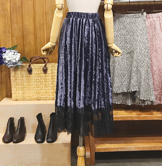 Velvet Pleated Lace Long Skirt Fall