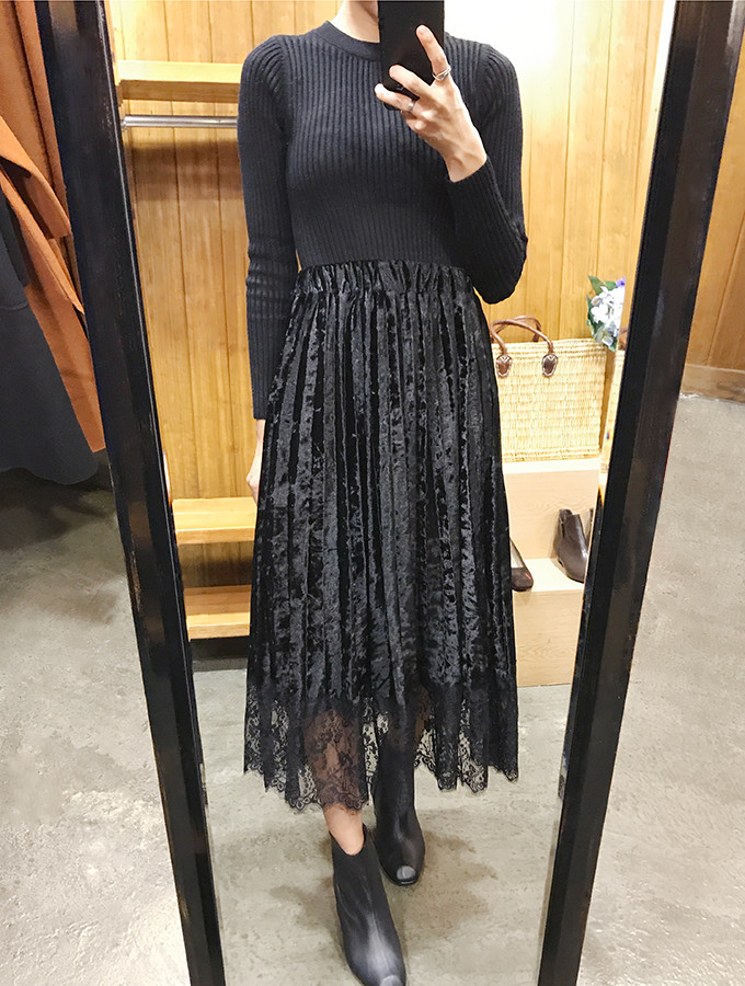 Velvet Pleated Lace Long Skirt Fall