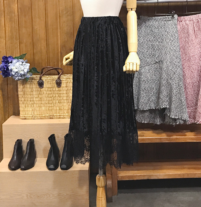 Velvet Pleated Lace Long Skirt Fall