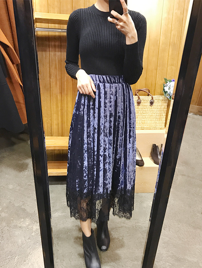 Velvet Pleated Lace Long Skirt Fall