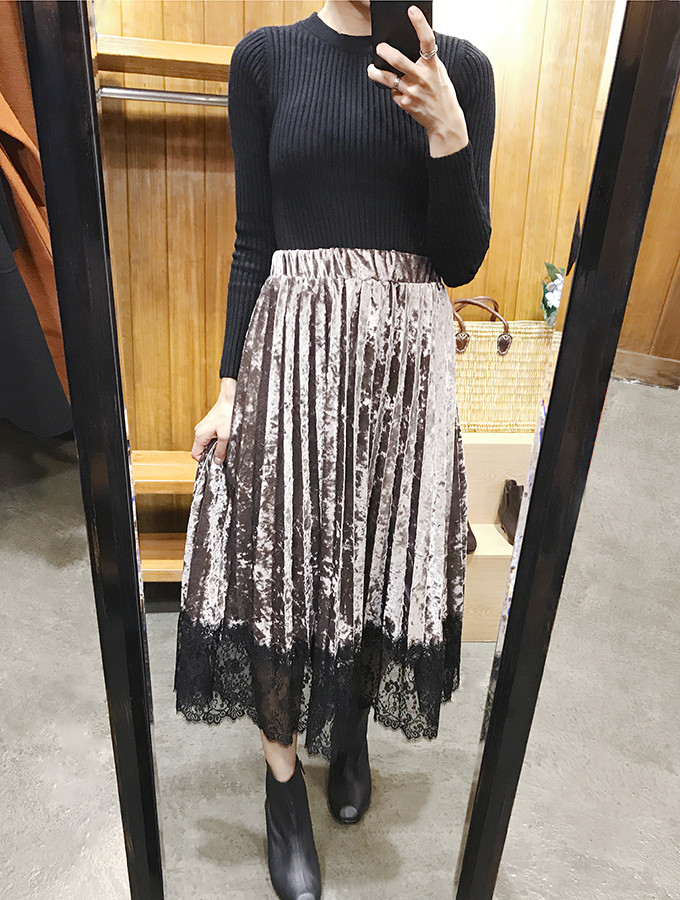 Velvet Pleated Lace Long Skirt Fall