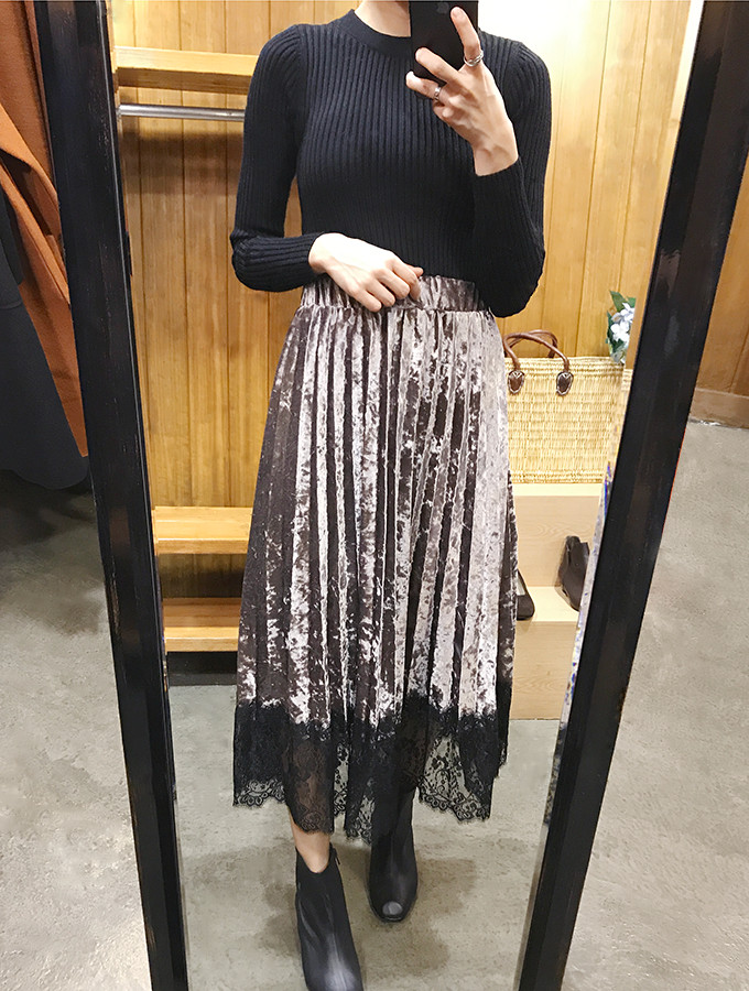 Velvet Pleated Lace Long Skirt Fall