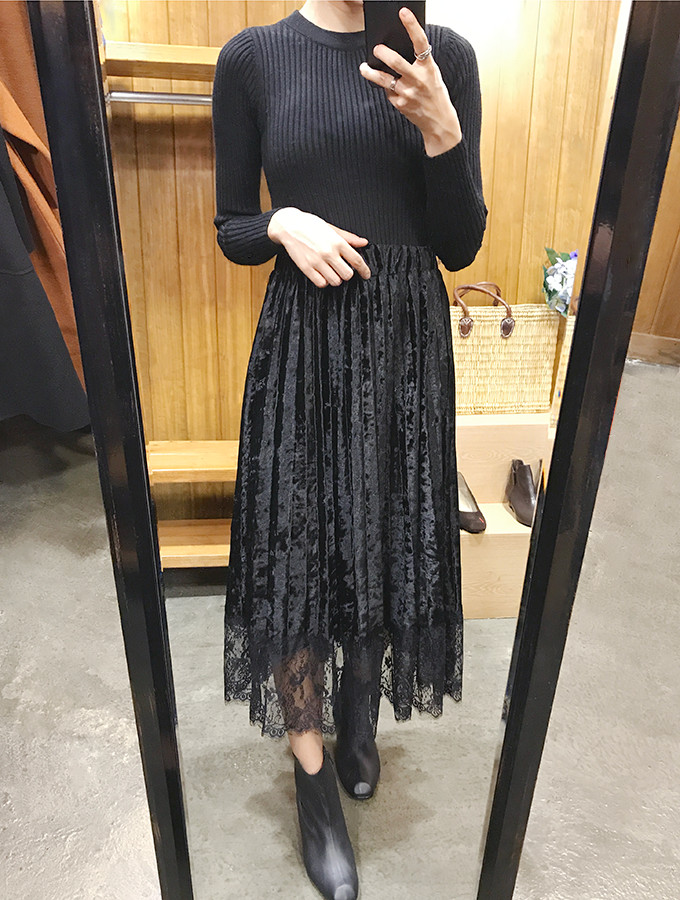 Velvet Pleated Lace Long Skirt Fall