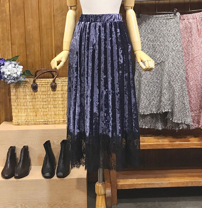 Velvet Pleated Lace Long Skirt Fall