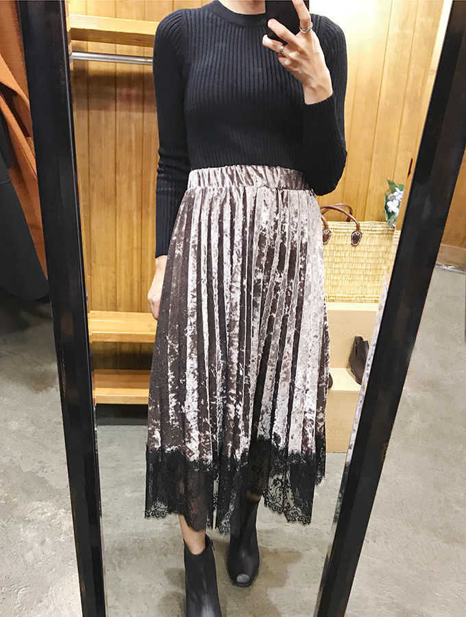 Velvet Pleated Lace Long Skirt Fall