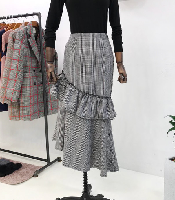 Check frill long skirt unblock set female bending