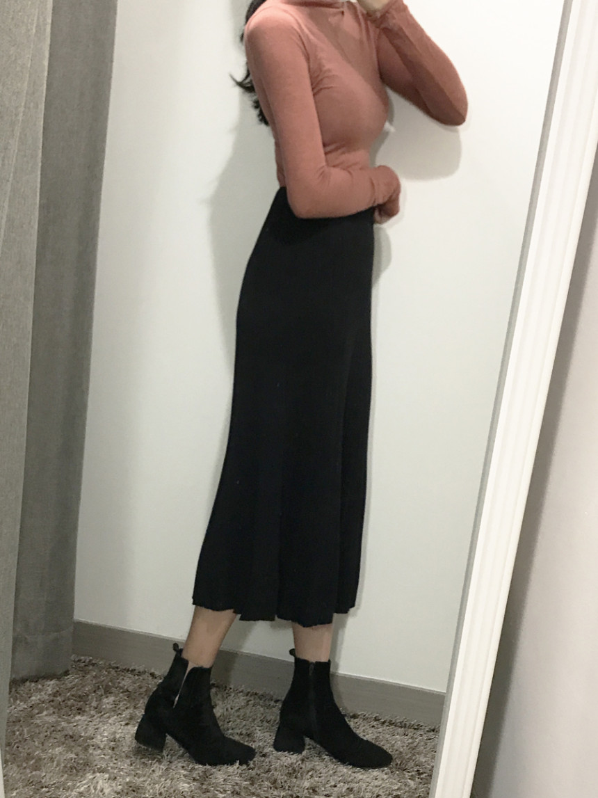 Goliath Knit Pleated Long Skirt 2color Flared Band