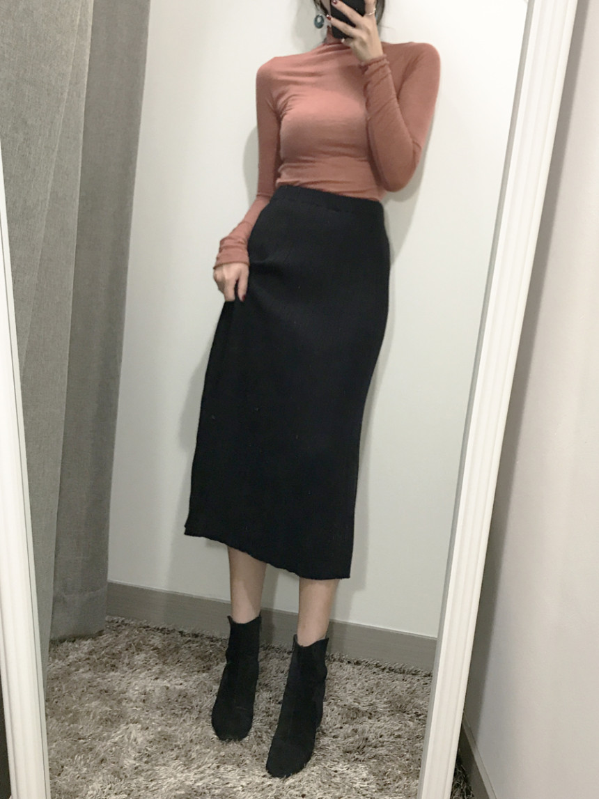 Goliath Knit Pleated Long Skirt 2color Flared Band