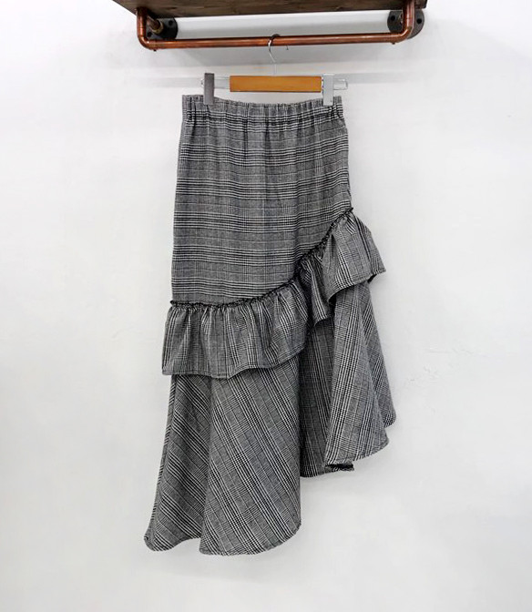 Check frill long skirt unblock set female bending