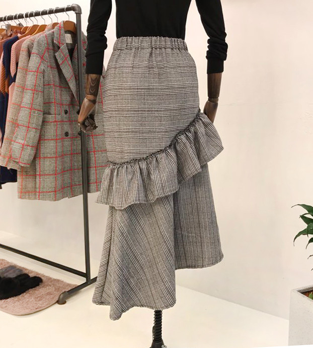 Check frill long skirt unblock set female bending