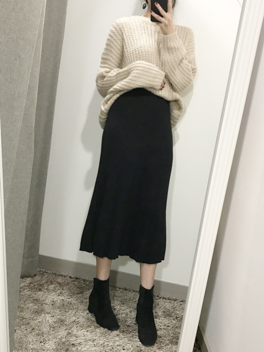 Goliath Knit Pleated Long Skirt 2color Flared Band
