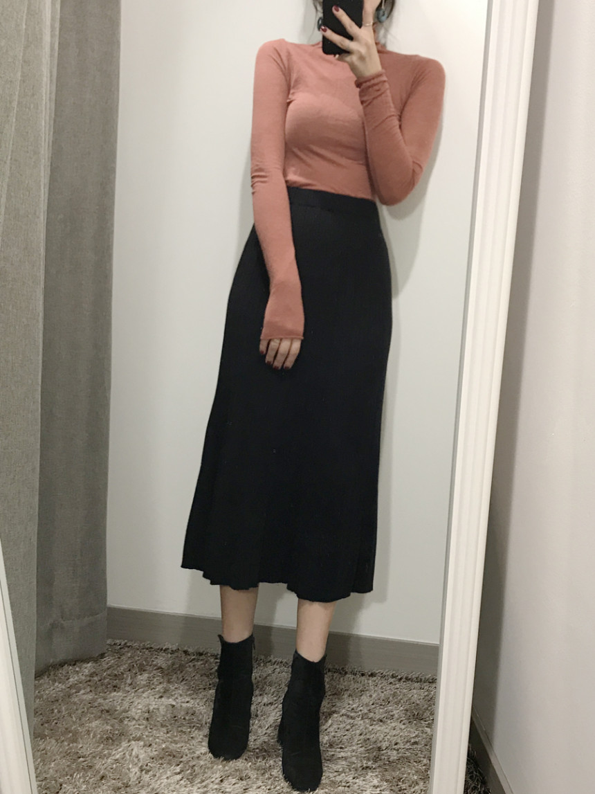 Goliath Knit Pleated Long Skirt 2color Flared Band