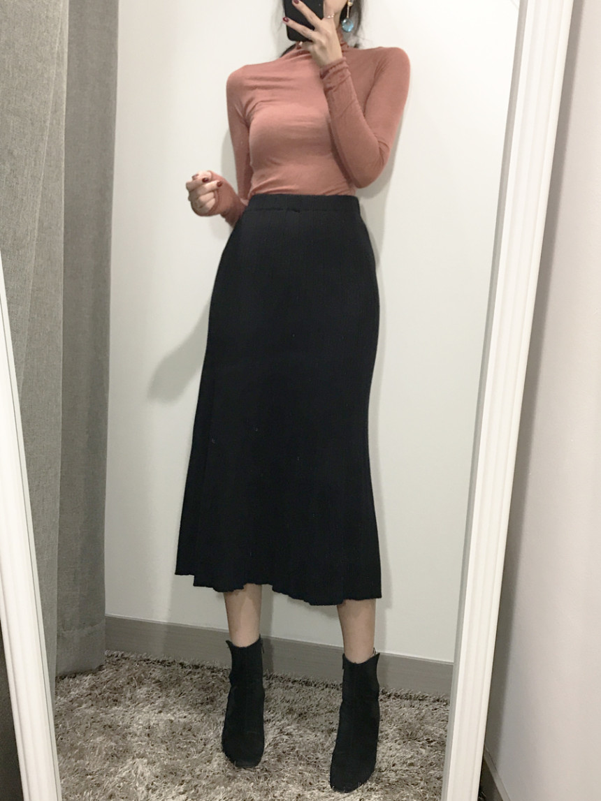 Goliath Knit Pleated Long Skirt 2color Flared Band