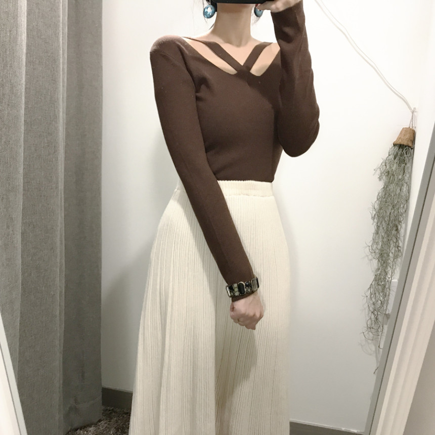 Goliath Knit Pleated Long Skirt 2color Flared Band