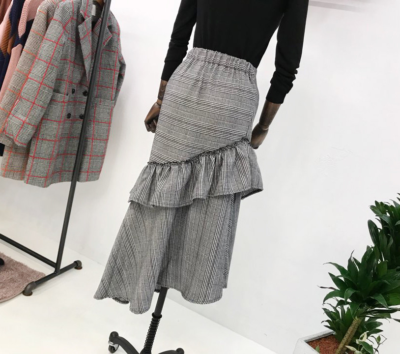 Check frill long skirt unblock set female bending