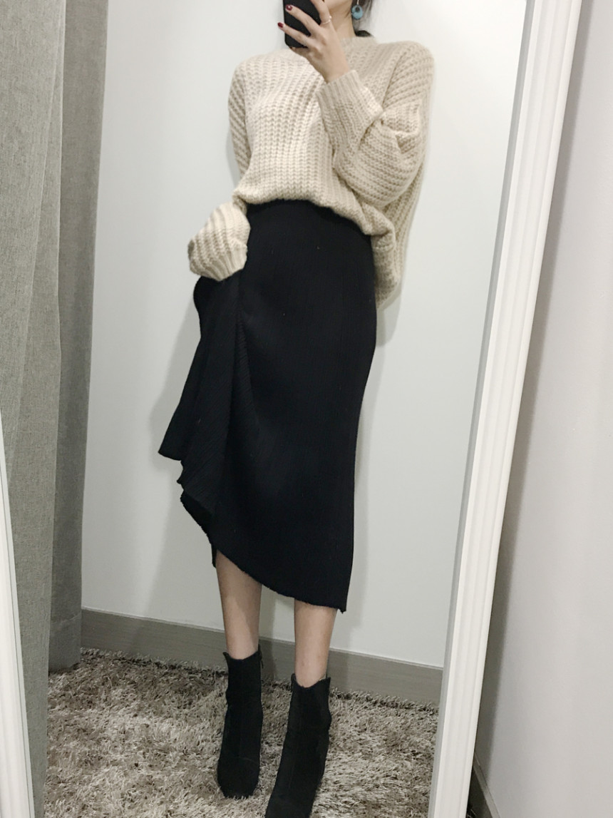 Goliath Knit Pleated Long Skirt 2color Flared Band