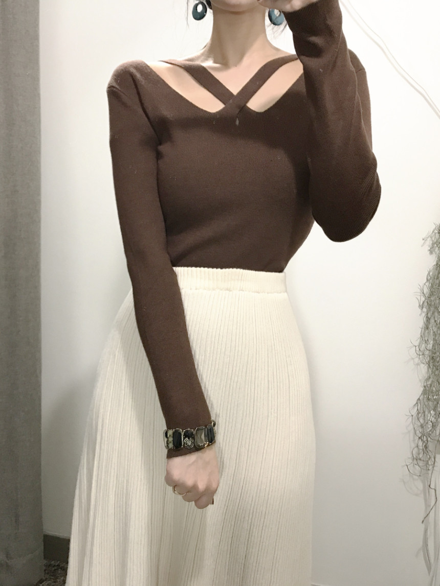 Goliath Knit Pleated Long Skirt 2color Flared Band