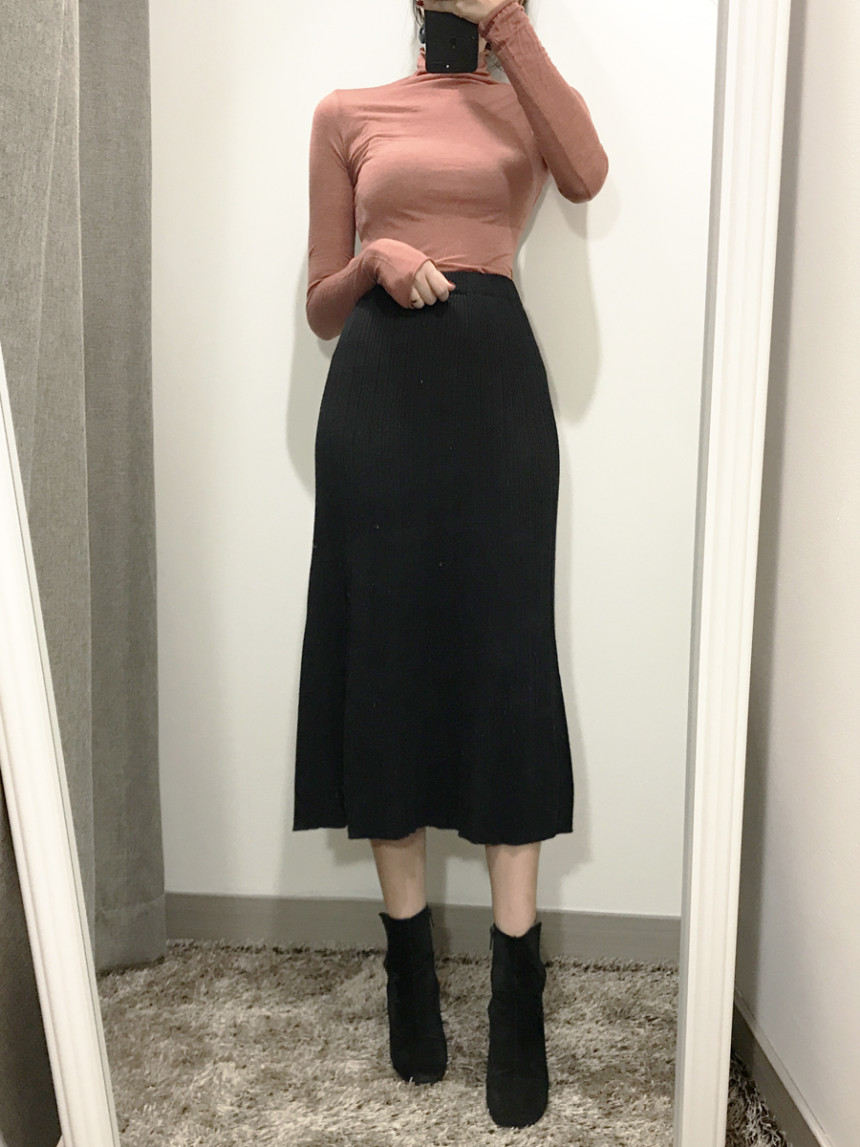 Goliath Knit Pleated Long Skirt 2color Flared Band