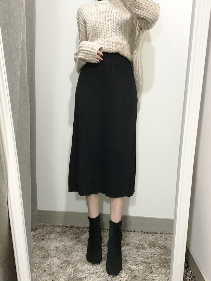 Goliath Knit Pleated Long Skirt 2color Flared Band