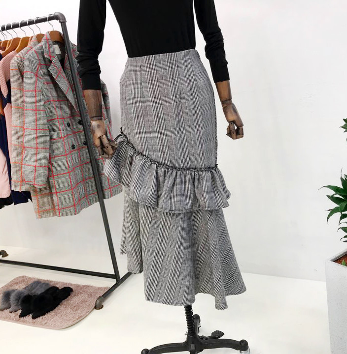 Check frill long skirt unblock set female bending