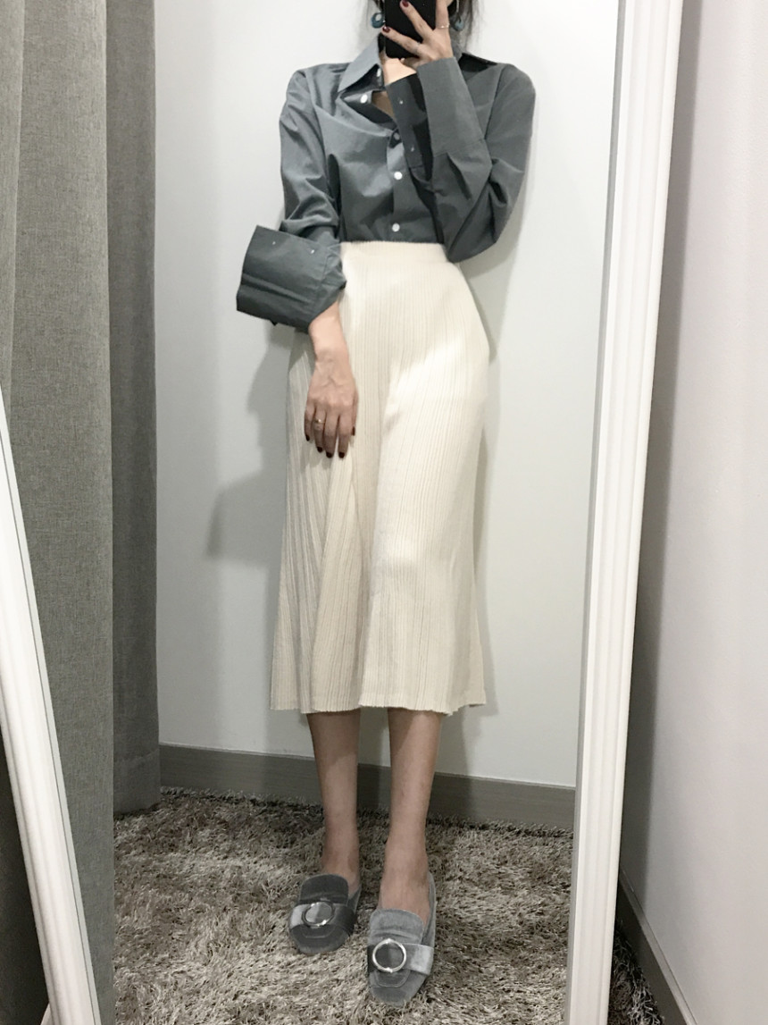 Goliath Knit Pleated Long Skirt 2color Flared Band