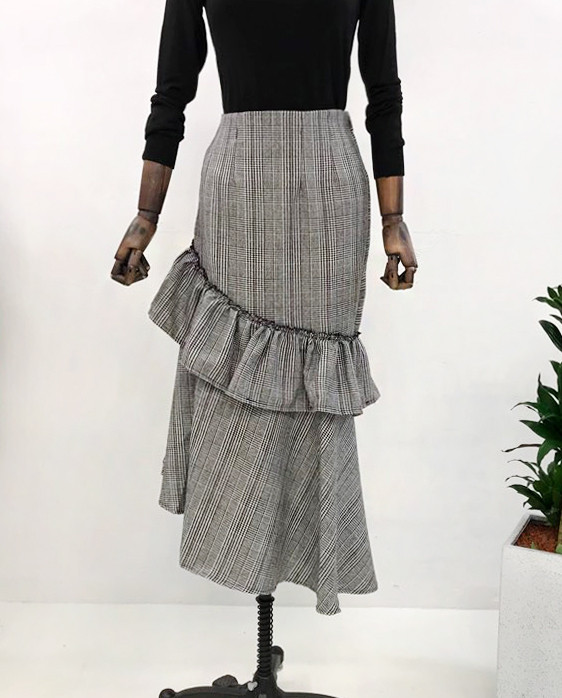Check frill long skirt unblock set female bending