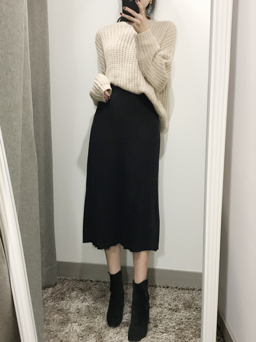 Goliath Knit Pleated Long Skirt 2color Flared Band