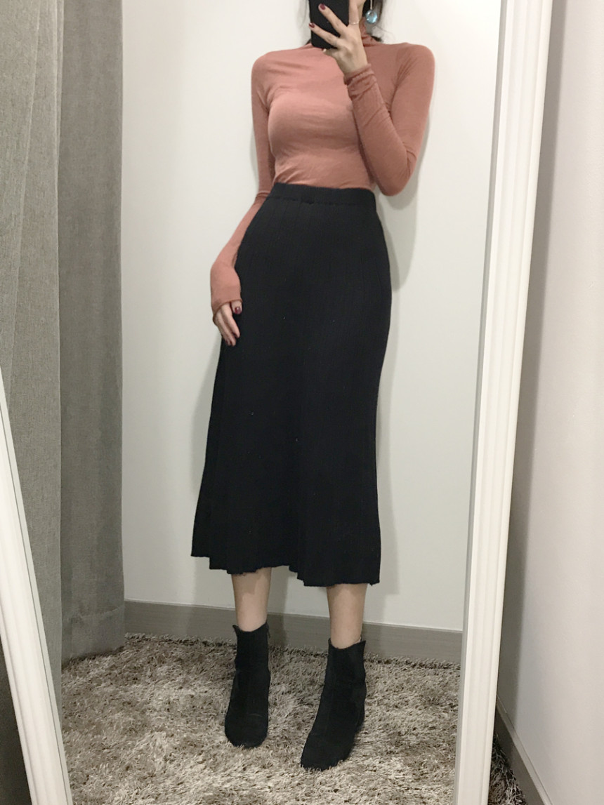 Goliath Knit Pleated Long Skirt 2color Flared Band