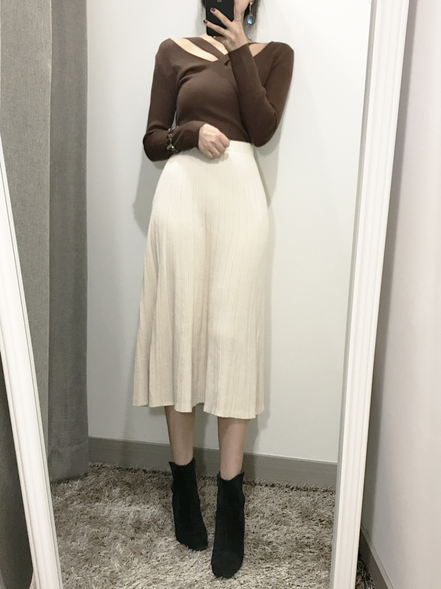 Goliath Knit Pleated Long Skirt 2color Flared Band