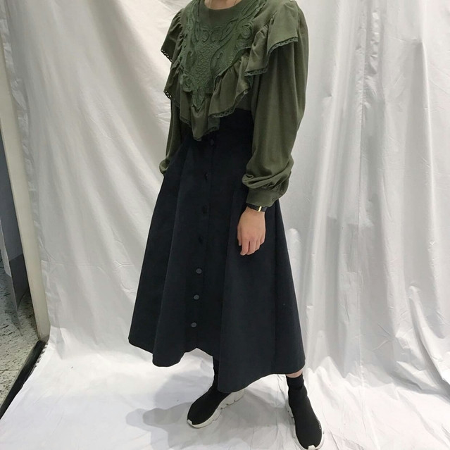 Button high waist long skirt open a line feminine 