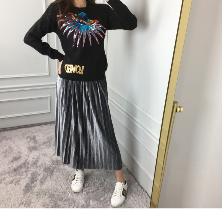 Velvet bending pleats long skirt winter autumn nea