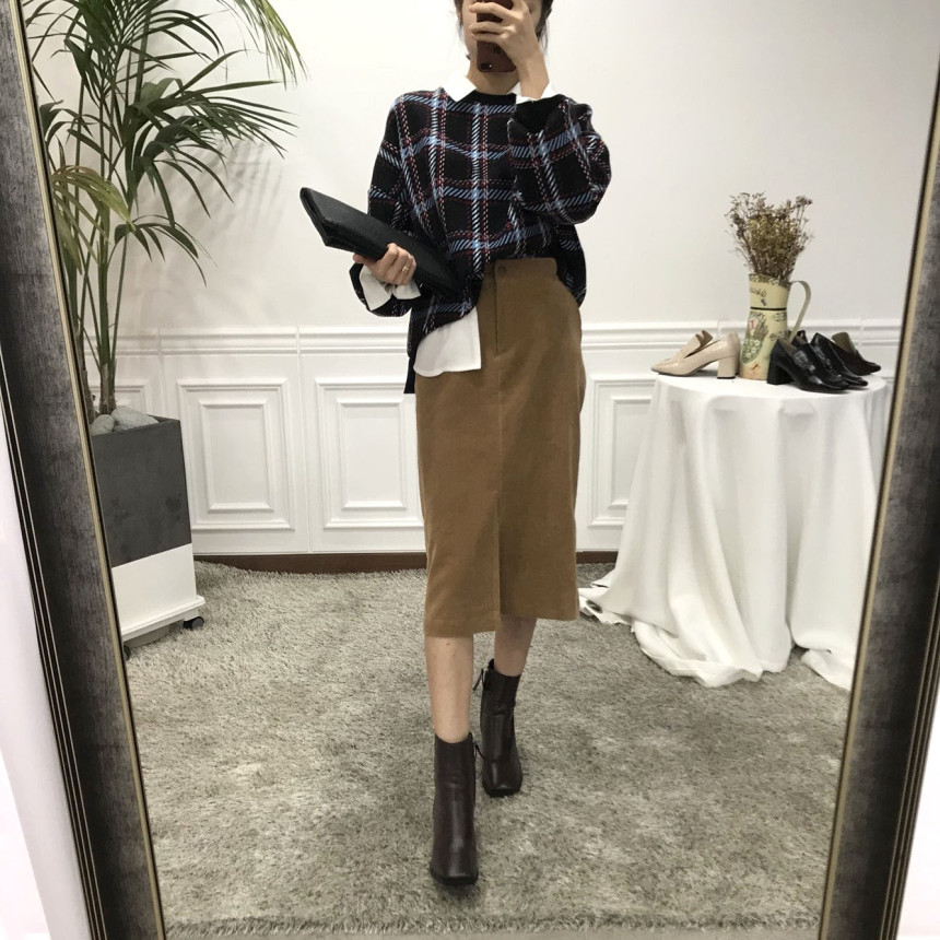 H line corduroy long incision skirt Natural simpli