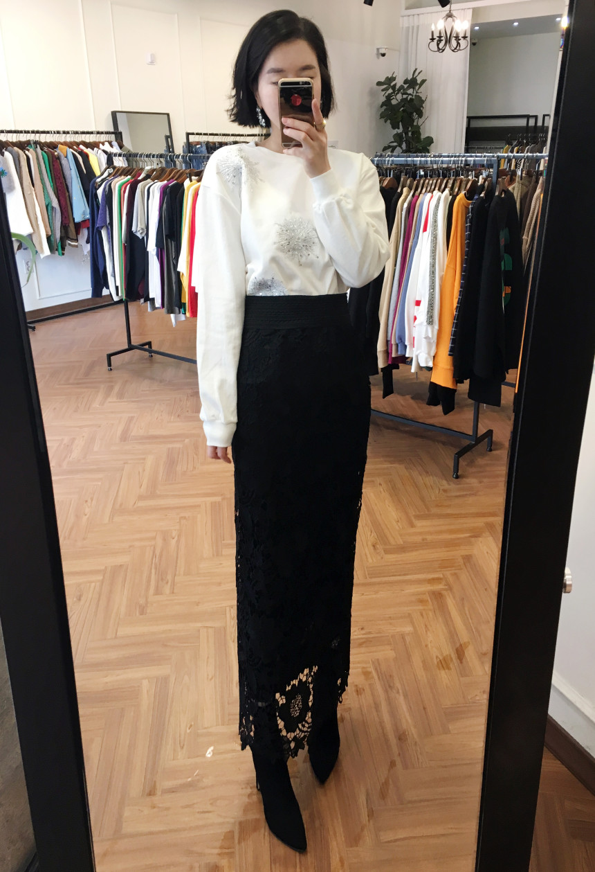 Waist Bending Lace Long Skirt 376 Flower Arrangeme