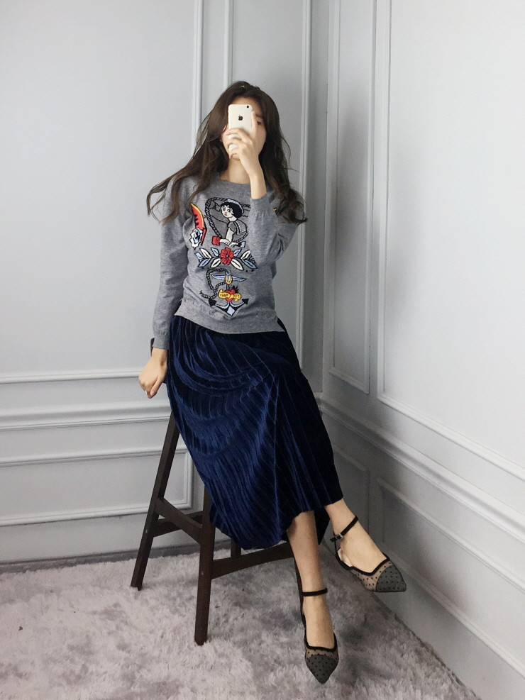 Velvet bending pleats long skirt winter autumn nea