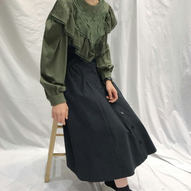 Button high waist long skirt open a line feminine 