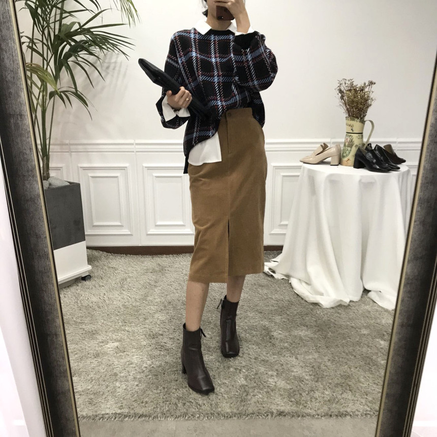 H line corduroy long incision skirt Natural simpli